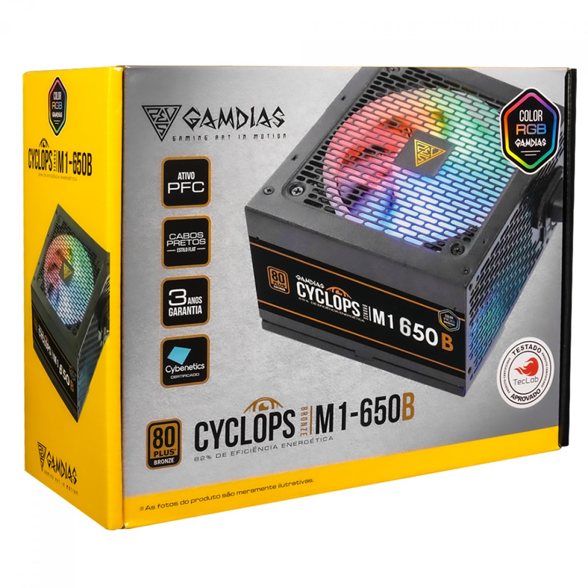 Fonte Gamdias Cyclops M1 650B 650W RGB 80 Plus Bronze Cybenetics