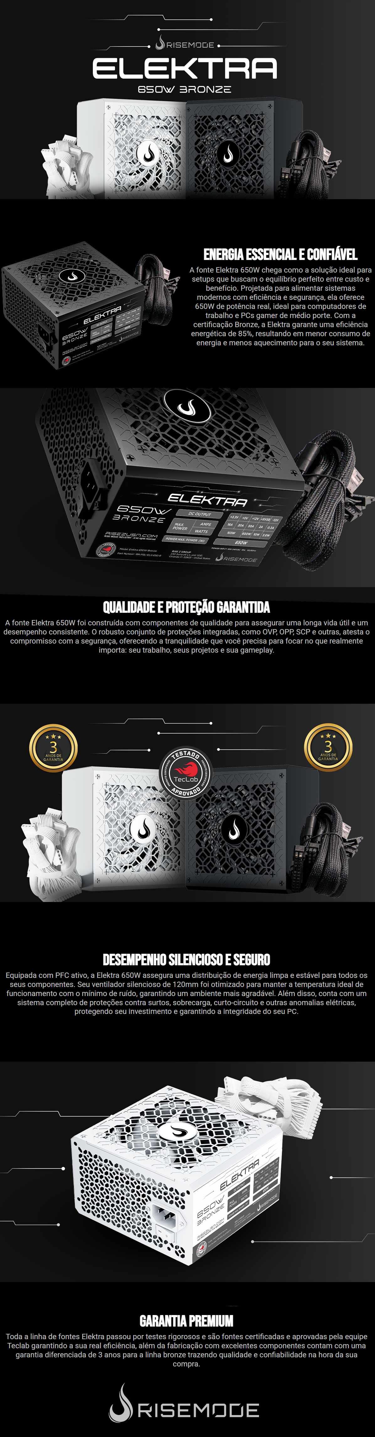 FONTE 650W RISE MODE 80 PLUS BRONZE ELEKTRA PFC ATIVO FULL MODULAR BLACK OEM
