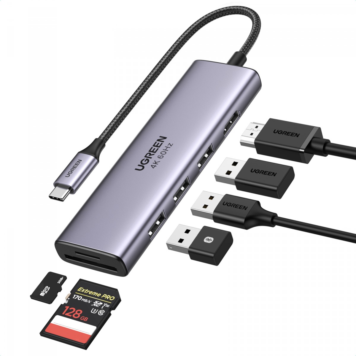 Adaptador Ugreen, USB-C para HDMI + 3 Portas USB 3.0 A + SD/TF, Cinza, CM511, 60383