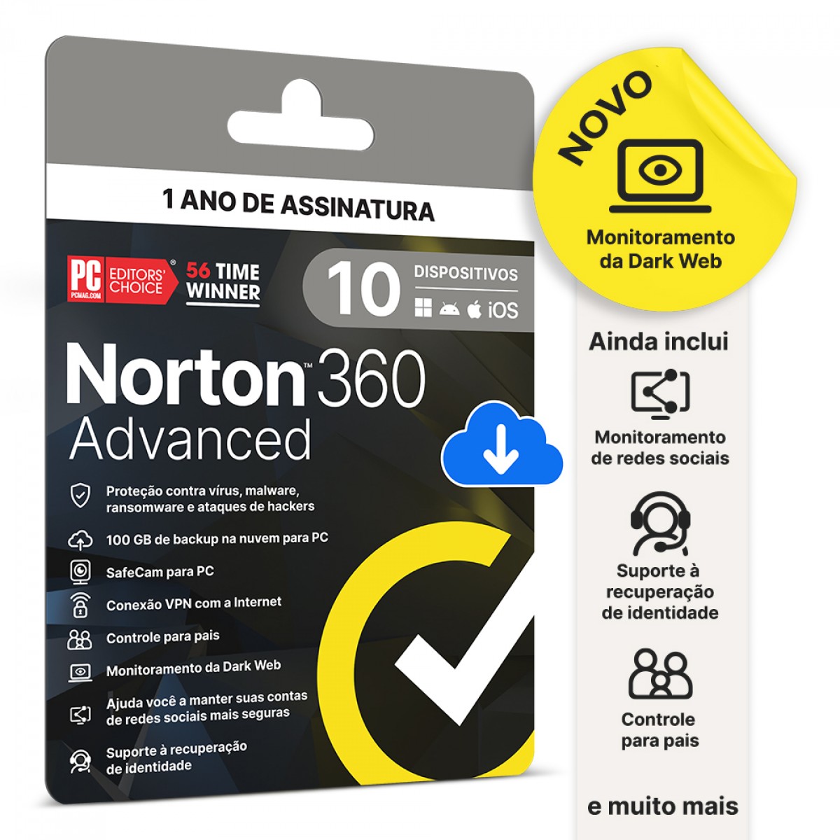 Antivírus Norton 360 Advanced, 10 Dispositivos, 12 Meses, Digital para Download, 21443248