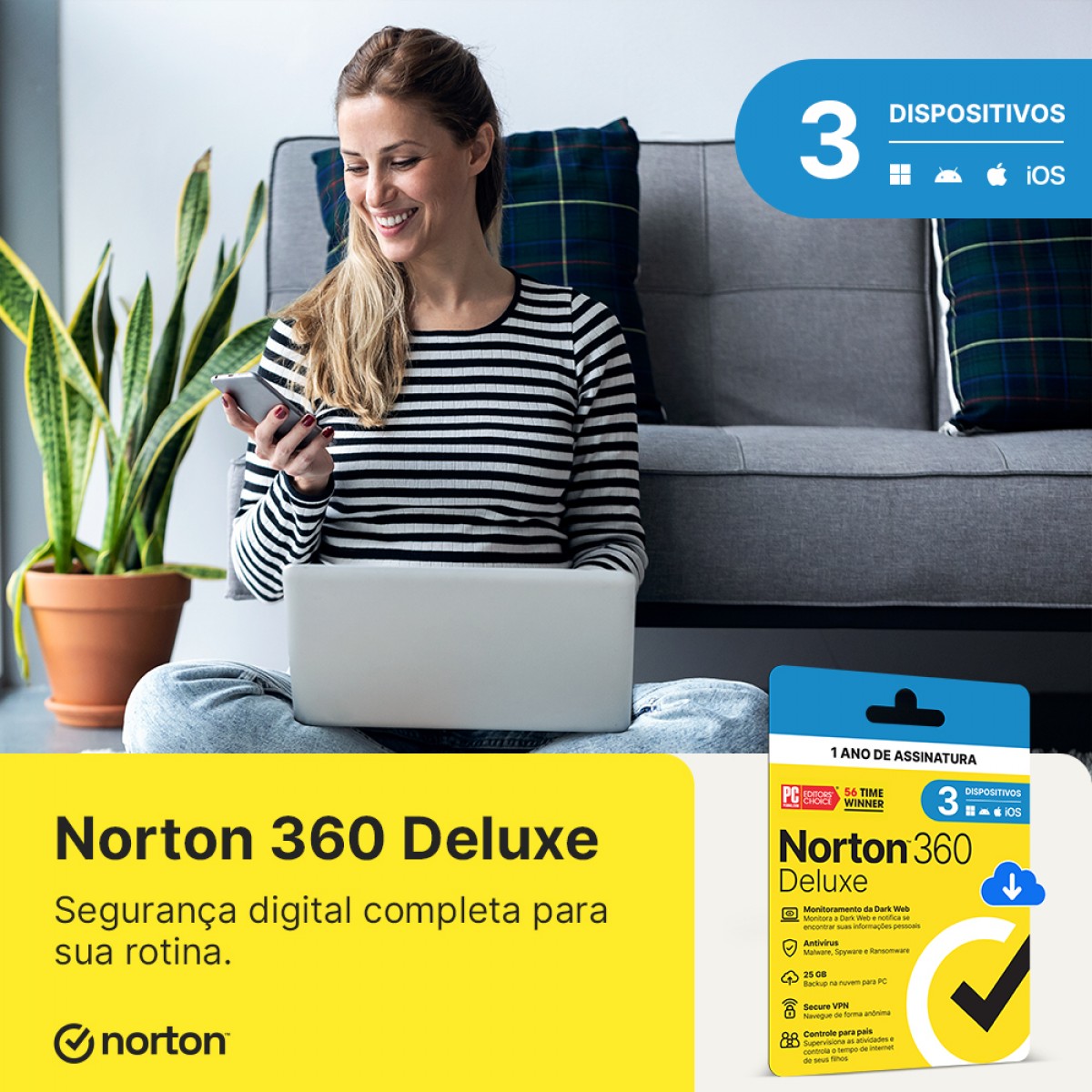 Antivírus Norton 360 Deluxe, 3 Dispositivos, 12 Meses ESD, 21405649