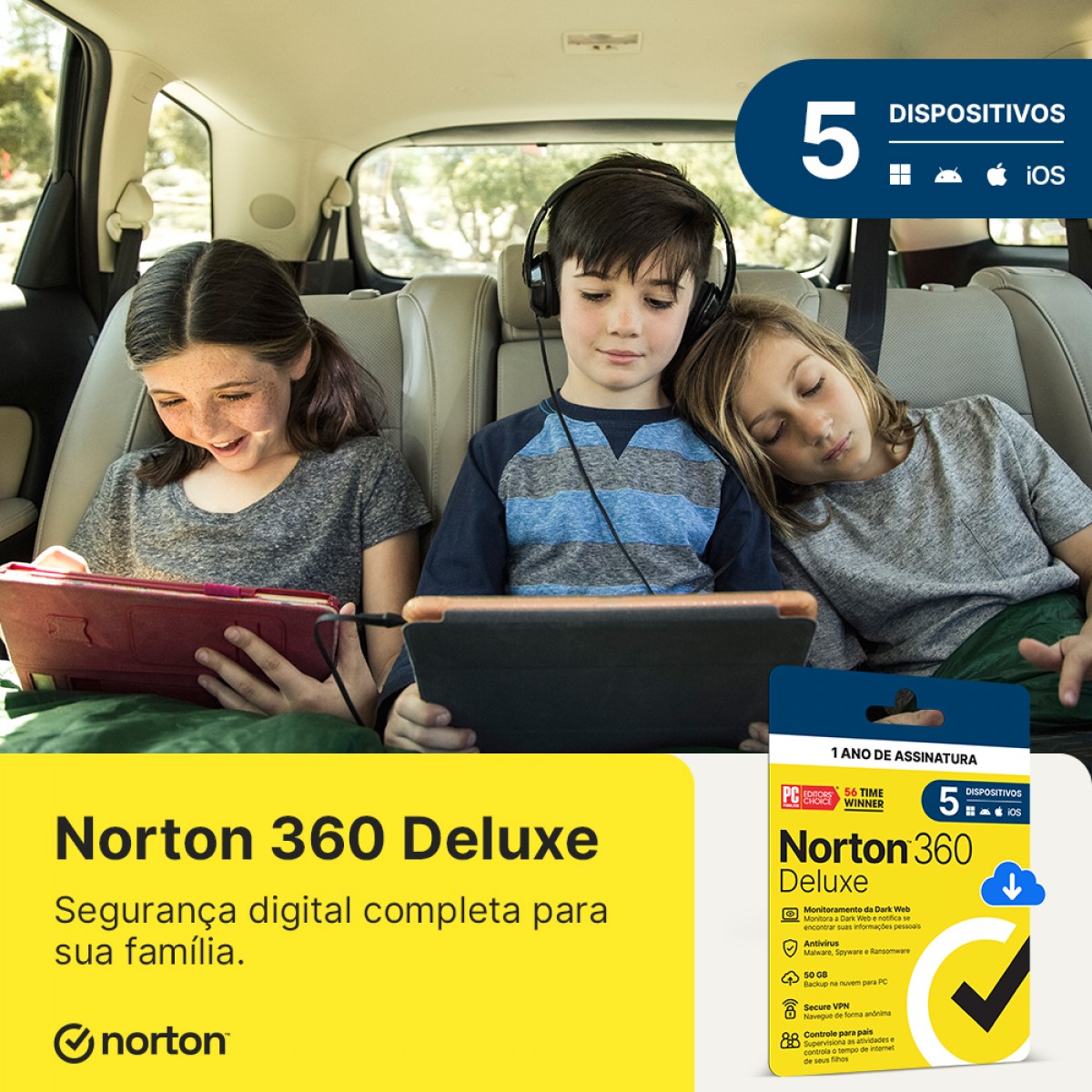 Antivírus Norton 360 Deluxe, 5 Dispositivos, 12 Meses, Digital para Download, 21430753