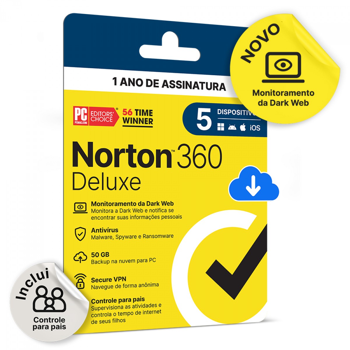 Antivírus Norton 360 Deluxe, 5 Dispositivos, 12 Meses, Digital para Download, 21430753