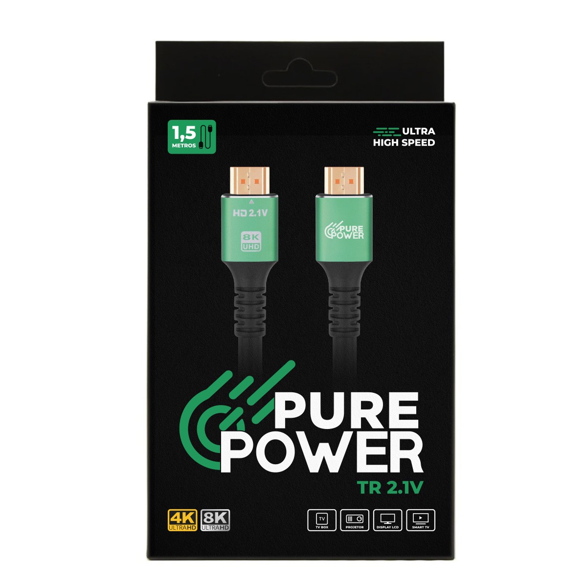 Cabo HDMI Pure Power TR 2.1V, 8K Ultra High Speed, 1,5m, Preto, PP-CB-HD2115BRN