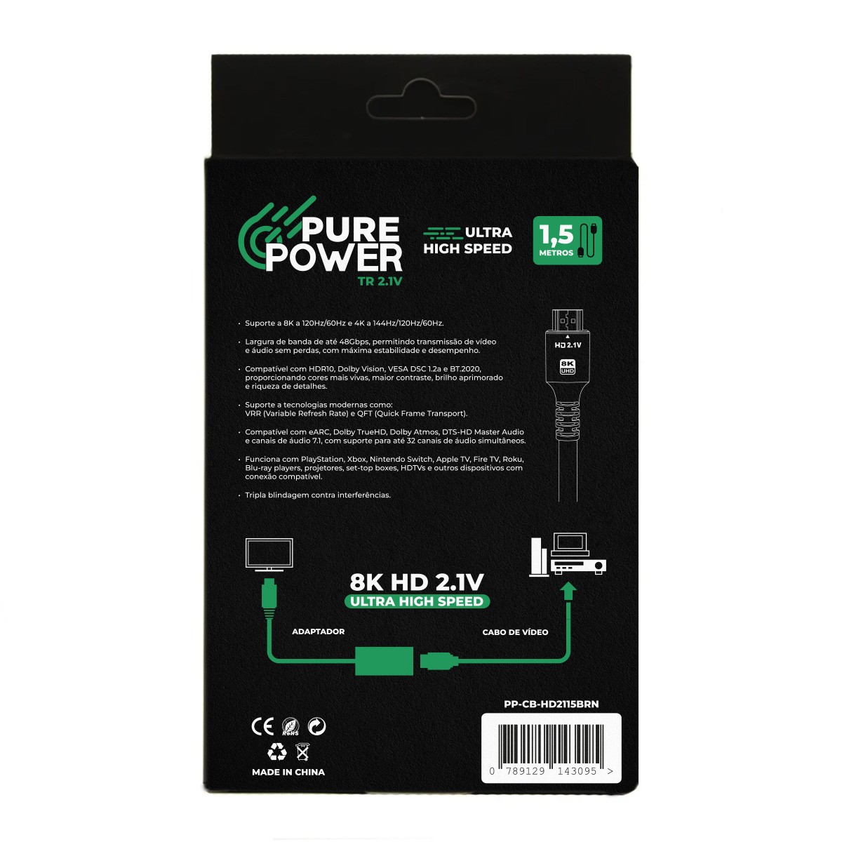Cabo HDMI Pure Power TR 2.1V, 8K Ultra High Speed, 1,5m, Preto, PP-CB-HD2115BRN
