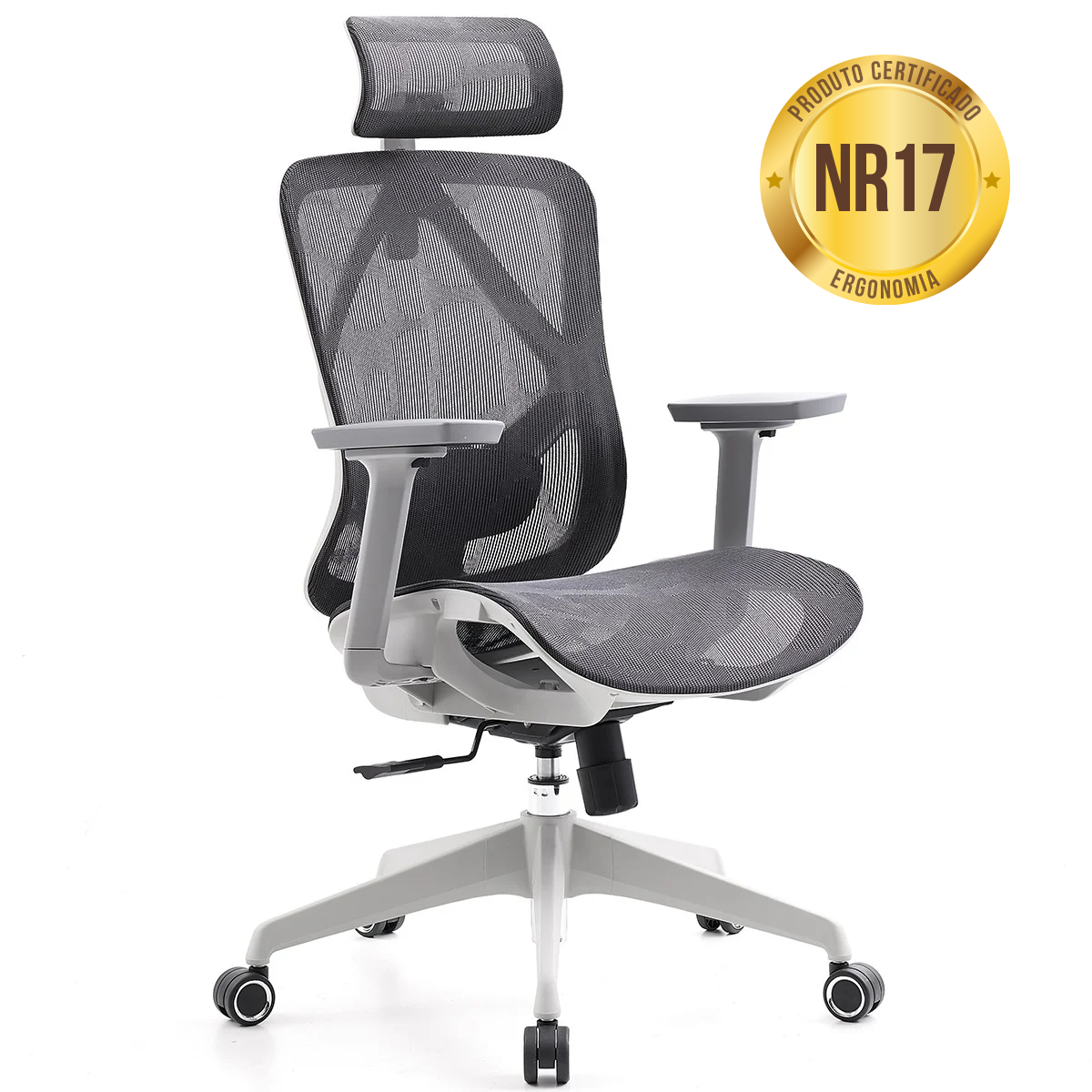 Cadeira de Escritório Dr. Office Ergo, Mesh, 3D, Altura Ajustável, Branco e Cinza, DR-CH-EGR3DWGF