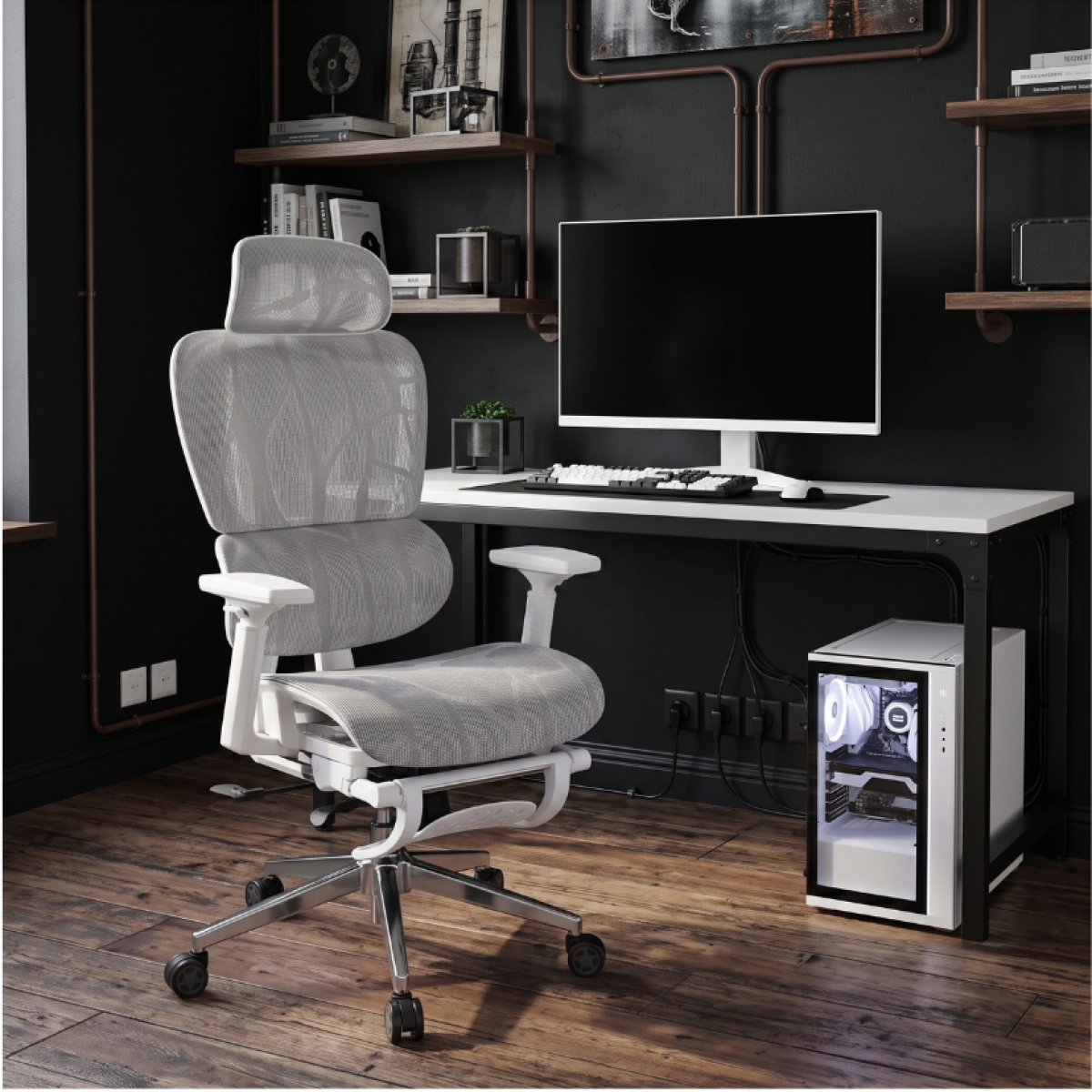 Cadeira de Escritório Dr. Office Master, Mesh, Ajustável, 3D, Cinza e Branca, DR-CH-MTR3DGWF