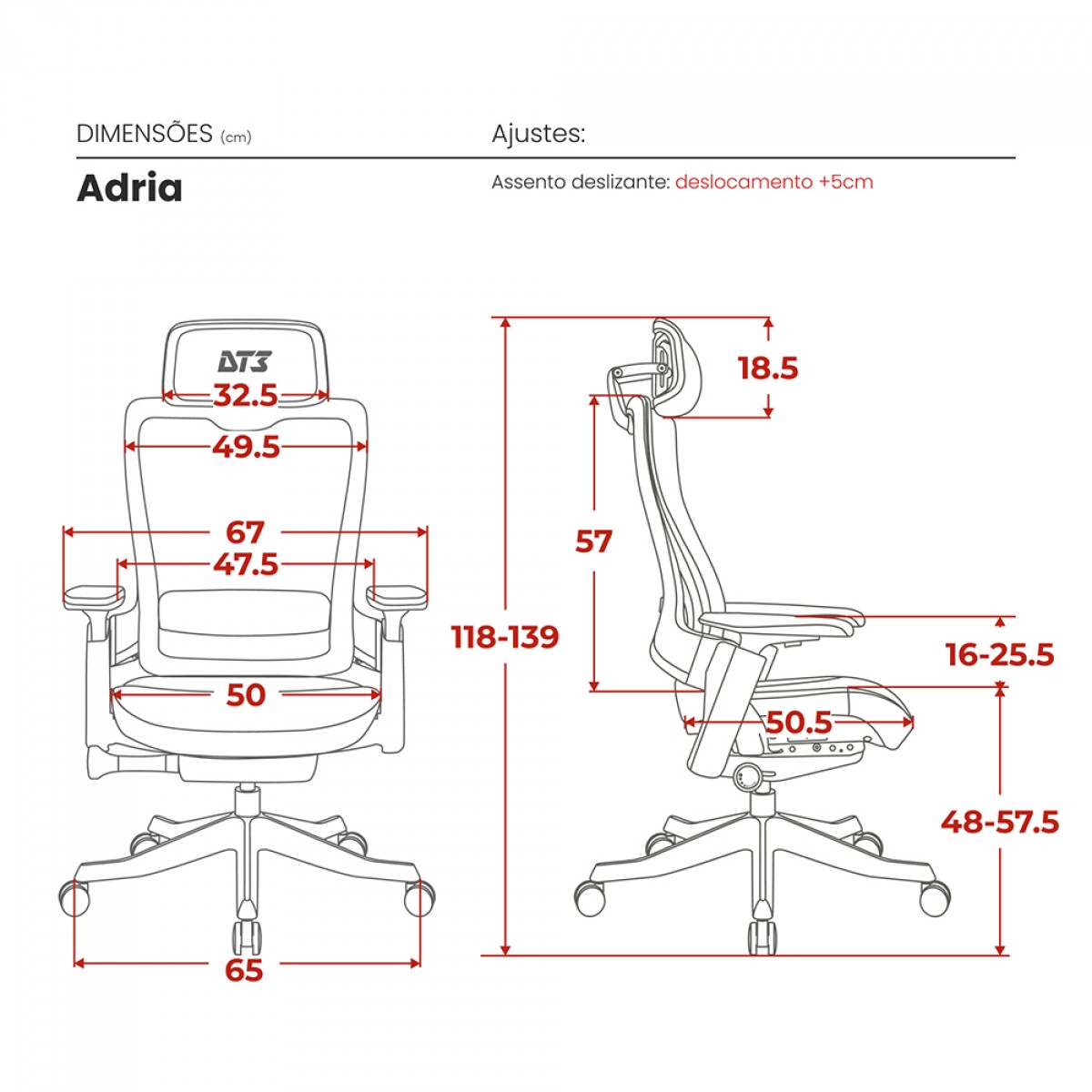 Cadeira De Escritório DT3 Adria, Ajustável, Ergonômica, 4D, Mesh, Cinza, 14728-2