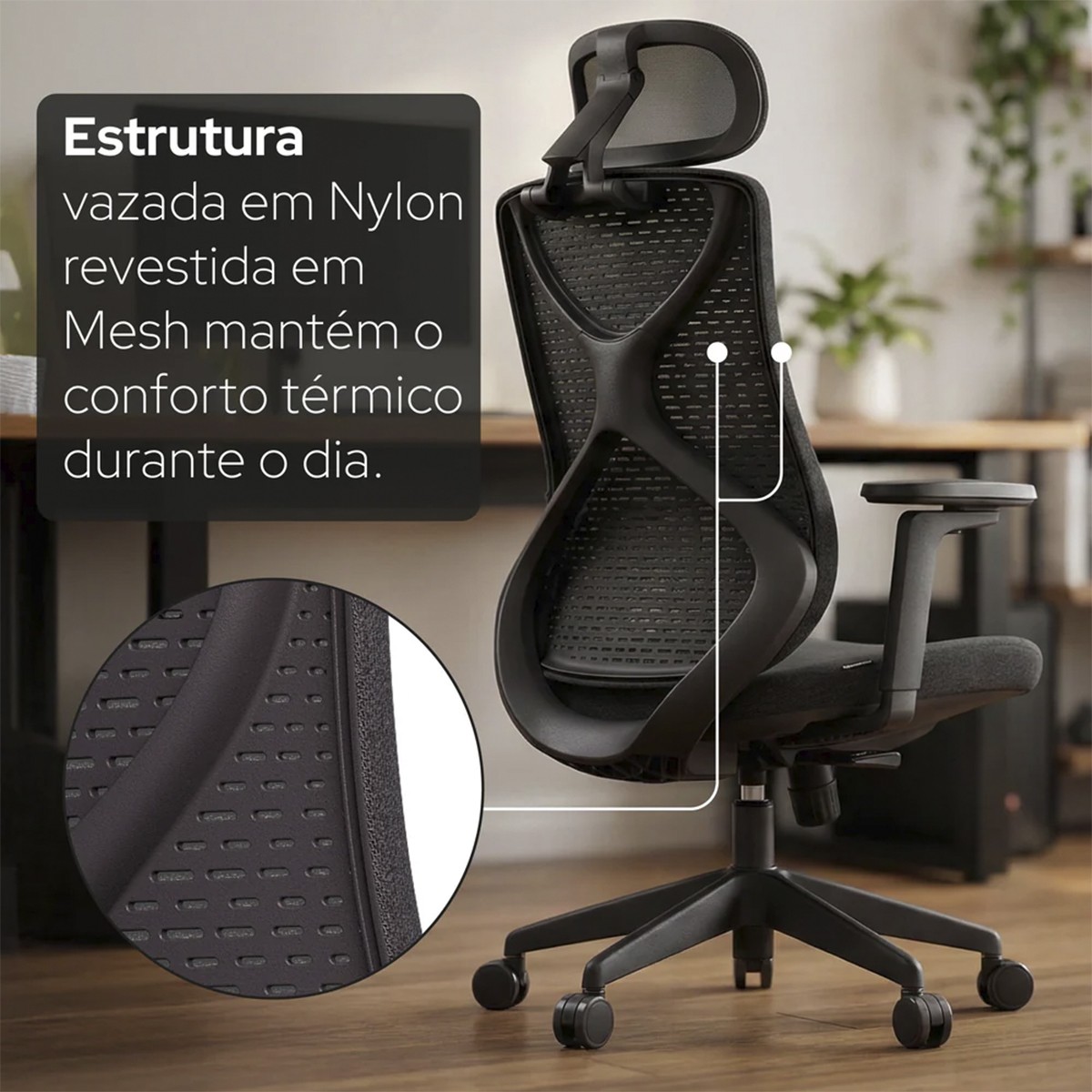Cadeira Ergonômica Elements Aiven, Mesh, 3D, Preto