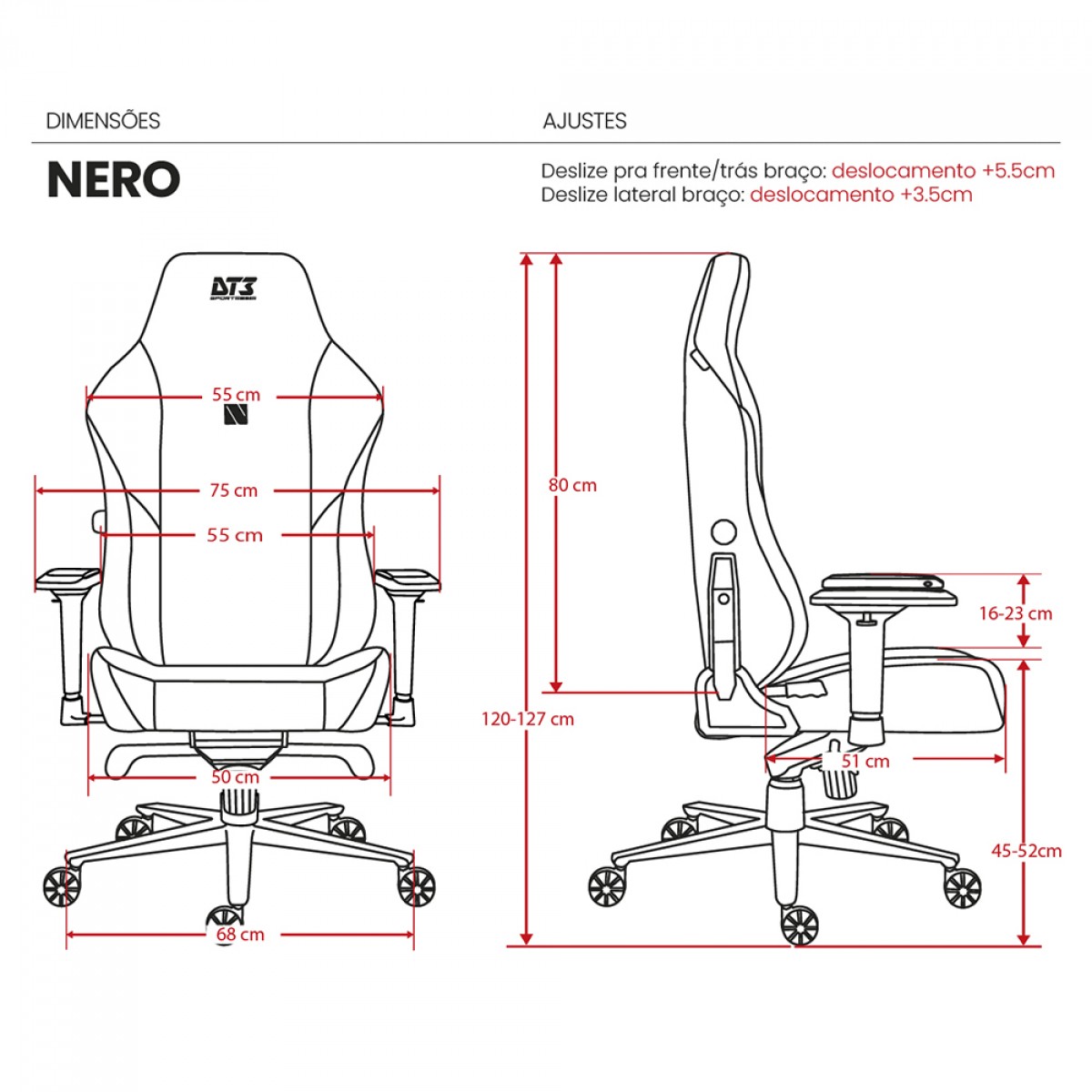 Cadeira Gamer DT3 Nero Black, Ajustável, 4D, Tecido, Preto, 13747-2