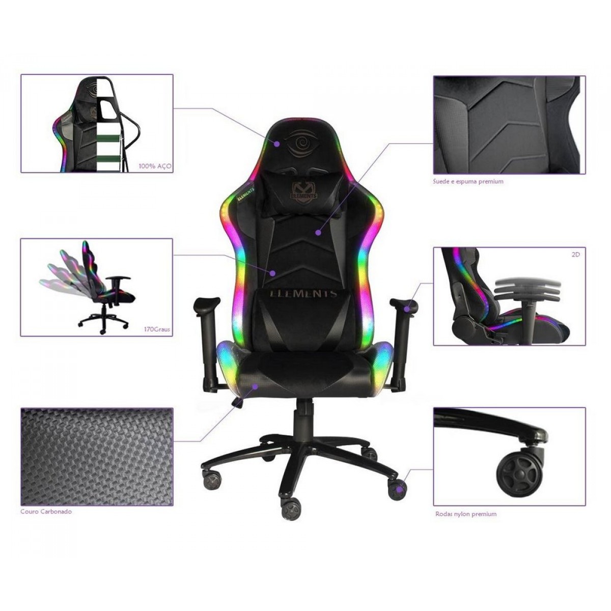 Cadeira Gamer Elements Veda Nemesis Lux Suede, RGB, Reclinável