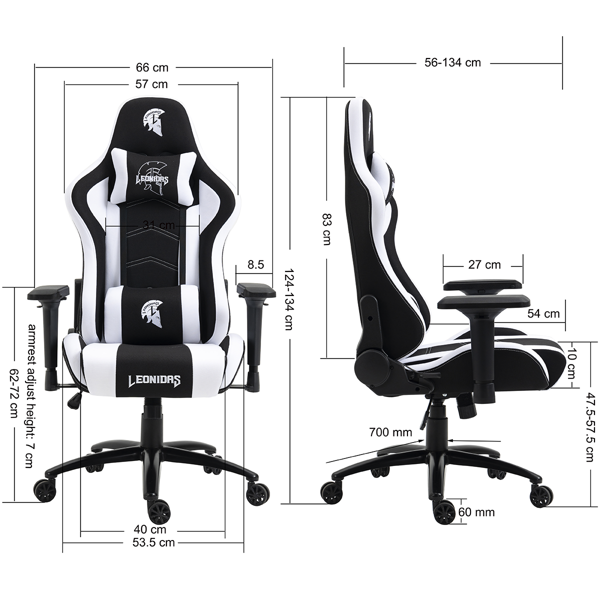 Cadeira Gamer Leonidas Spartan, Reclinável, Tecido, 4D, Preta e Branca