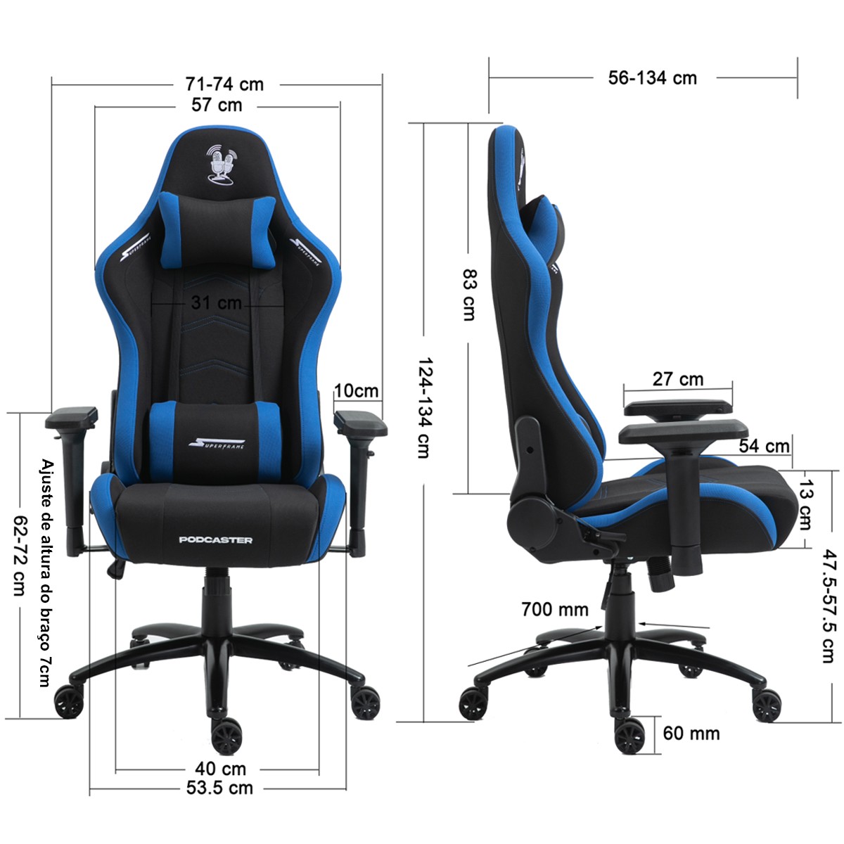Cadeira Gamer Podcaster, Reclinável, 4D, Preta e Azul