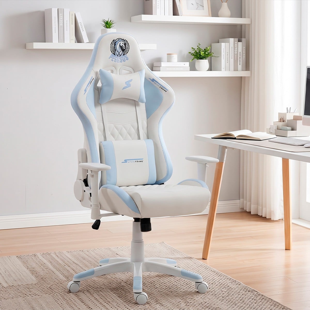 Cadeira Gamer SuperFrame Pegasus, Reclinável, 2D, Branco e Azul, SF-CH-PGR2DWBL