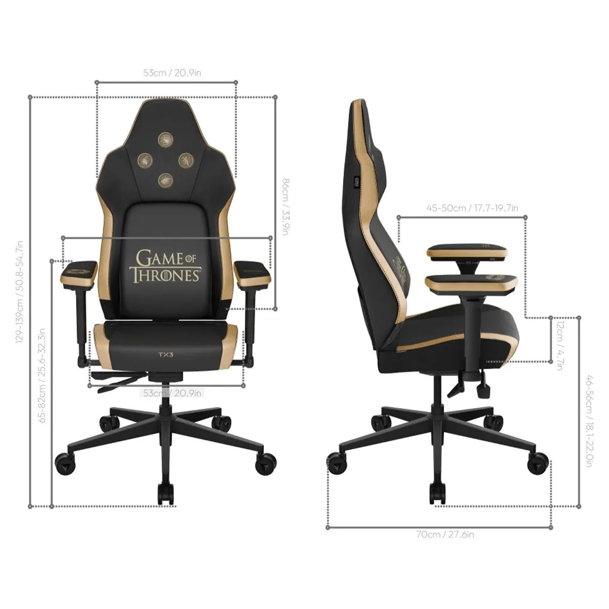 Cadeira Gamer ThunderX3 CORE Smart Game of Thrones, Ajustável, 3D, Preto e Dourado