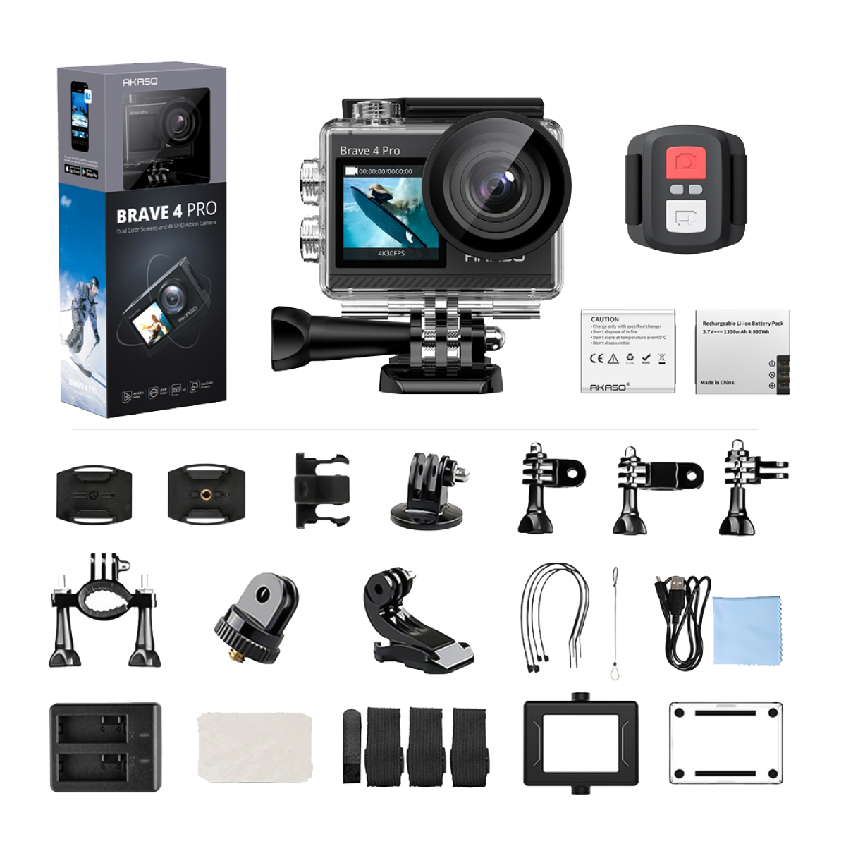 Câmera Esportiva Akaso BRAVE 4PRO, 4K / 30FPS, À prova d'água, Touch Screen, Dual Screen, IPS, Black
