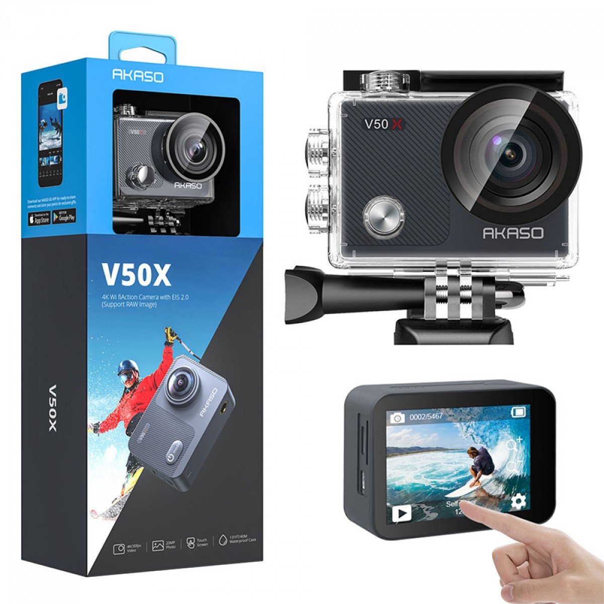 Câmera Esportiva Akaso V50X, 4K / 30FPS, À prova d'água, Touch Screen, IPS, Black