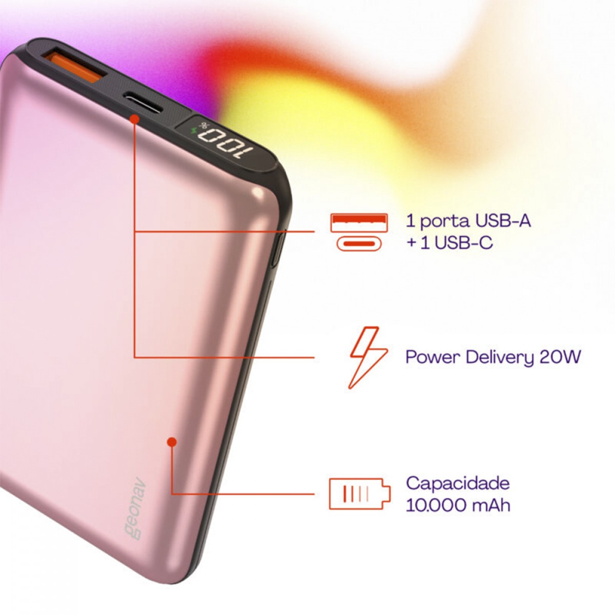 Carregador Portátil Universal, PowerBank, 10000MAH, 20W, Rosa Dourado, Geonav, PB10K20WRG