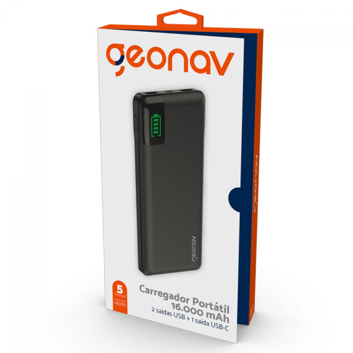 Carregador Portátil Universal, PowerBank, 16000MAH, Preto, Geonav, PB16KBK