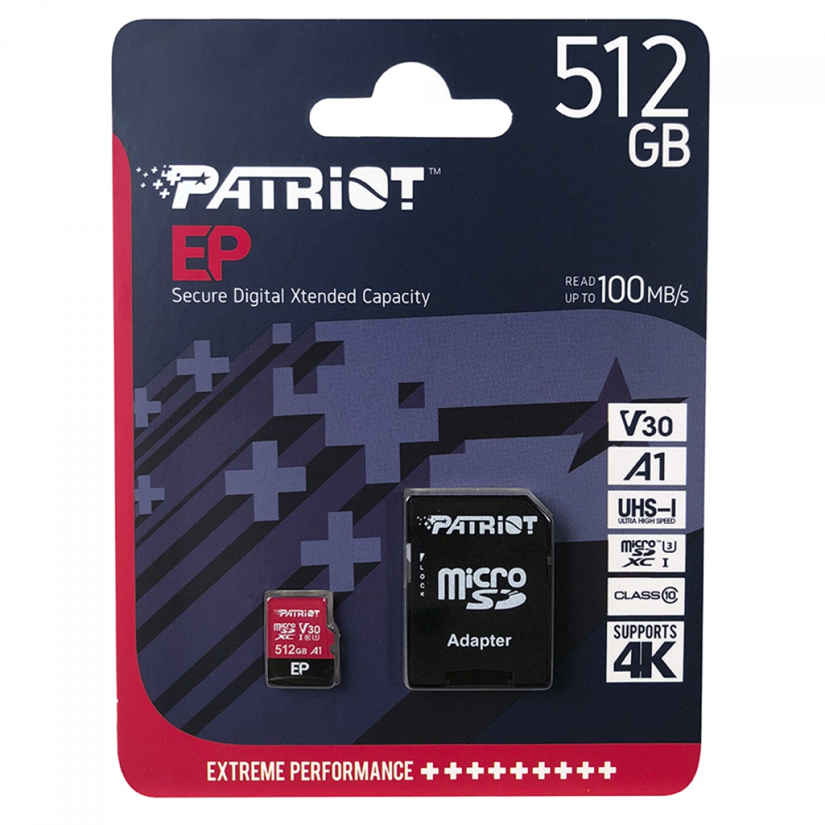 Cartão De Memória Patriot EP Series MicroSDXC, 512GB, UHS-1, V30 A1, Com Adaptador, PEF512GEP31MCX