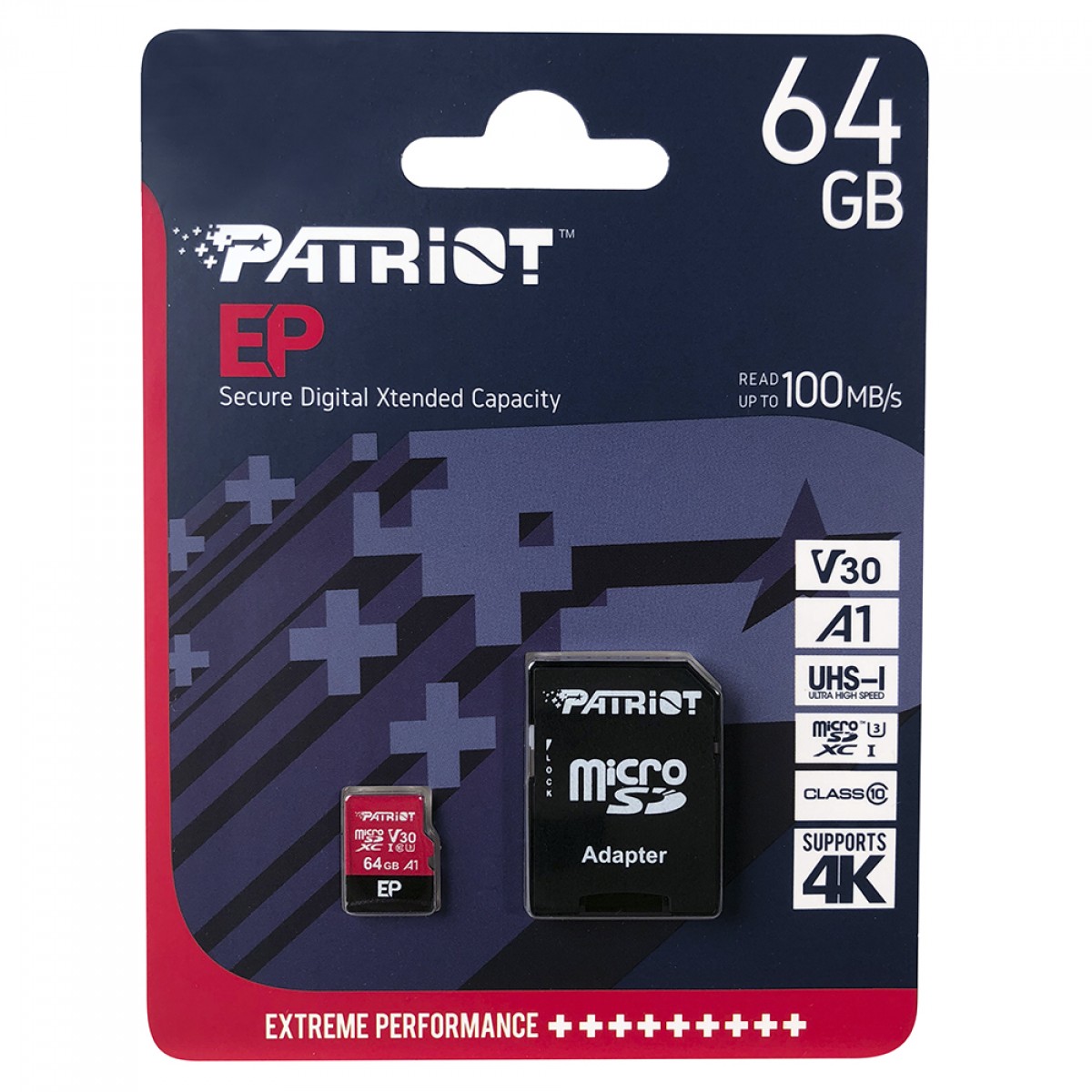 Cartão De Memória Patriot EP Series MicroSDXC, 64GB, UHS-1, V30 A1, Com Adaptador, PEF64GEP31MCX