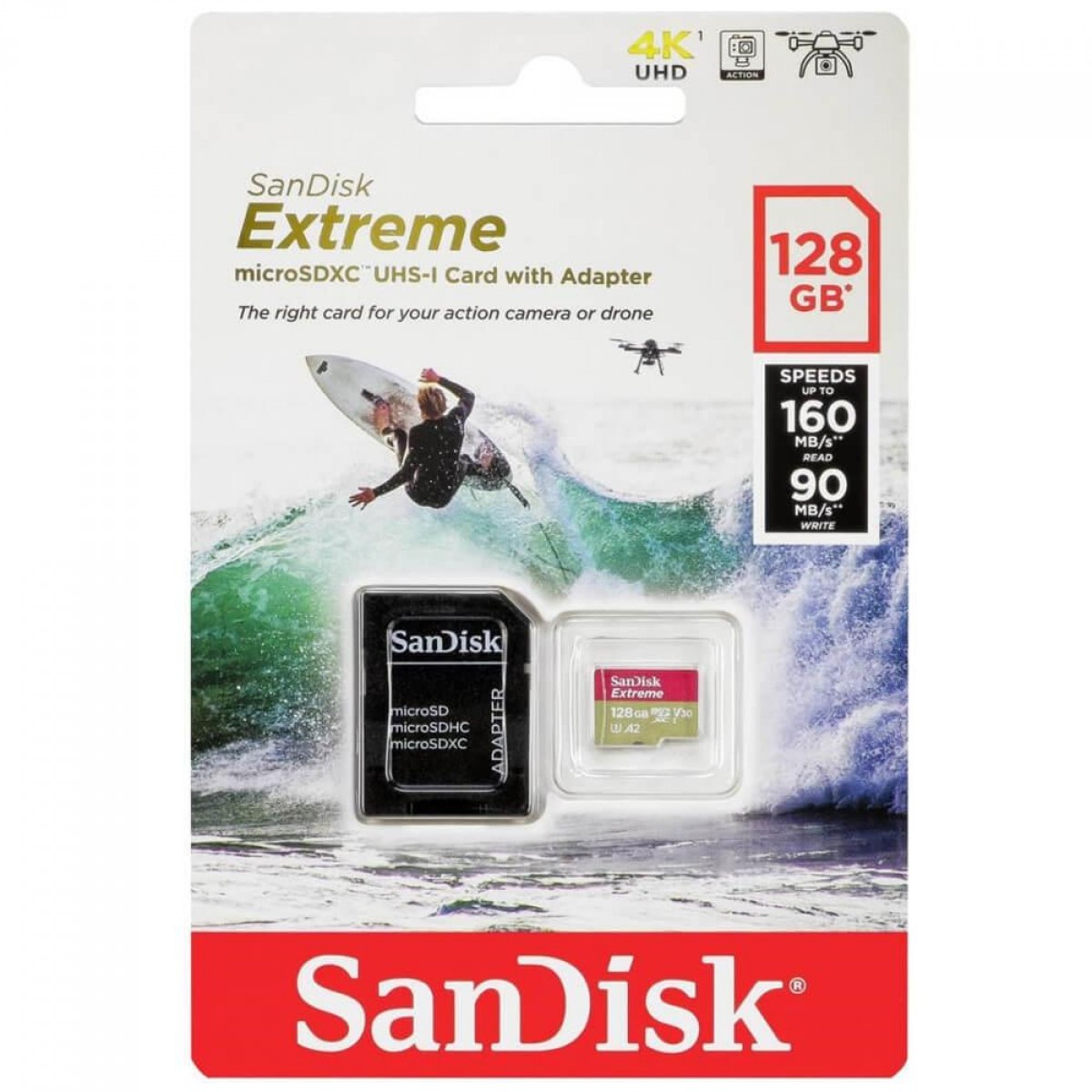 Cartão De Memória SanDisk Extreme MicroSDXC UHS-I, 128GB, 160MBs, Class 10, Com Adaptador, SDSQXA1-128G-GN6AA