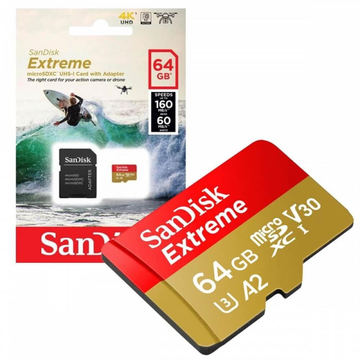 Cartão De Memória SanDisk Extreme MicroSDXC UHS-I, 64GB, 160MBs, Class 10, Com Adaptador, SDSQXA2-064G-GN6AA