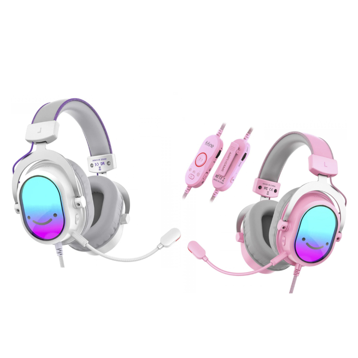 Combo DUO, 2x Headset Gamer Fifine AmpliGame H16, 7.1 Surround, RGB, USB Branco + Rosa
