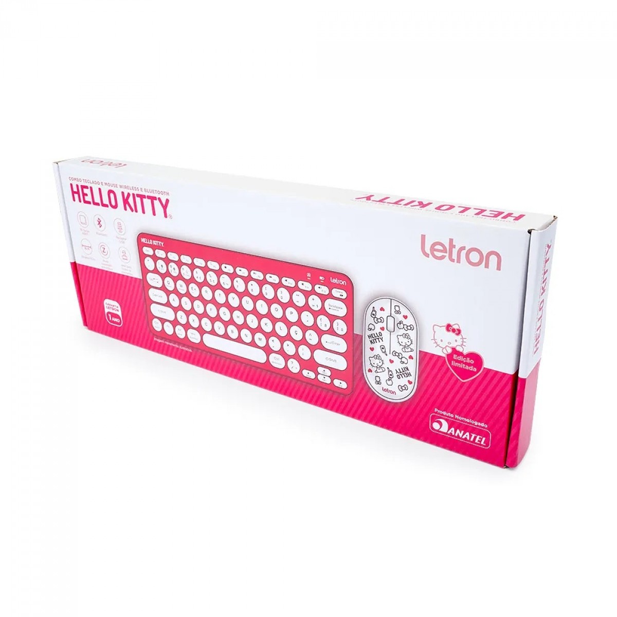 Combo Teclado e Mouse Gamer Letron Hello Kitty, Wireless e Bluetooth, Rosa/Branco