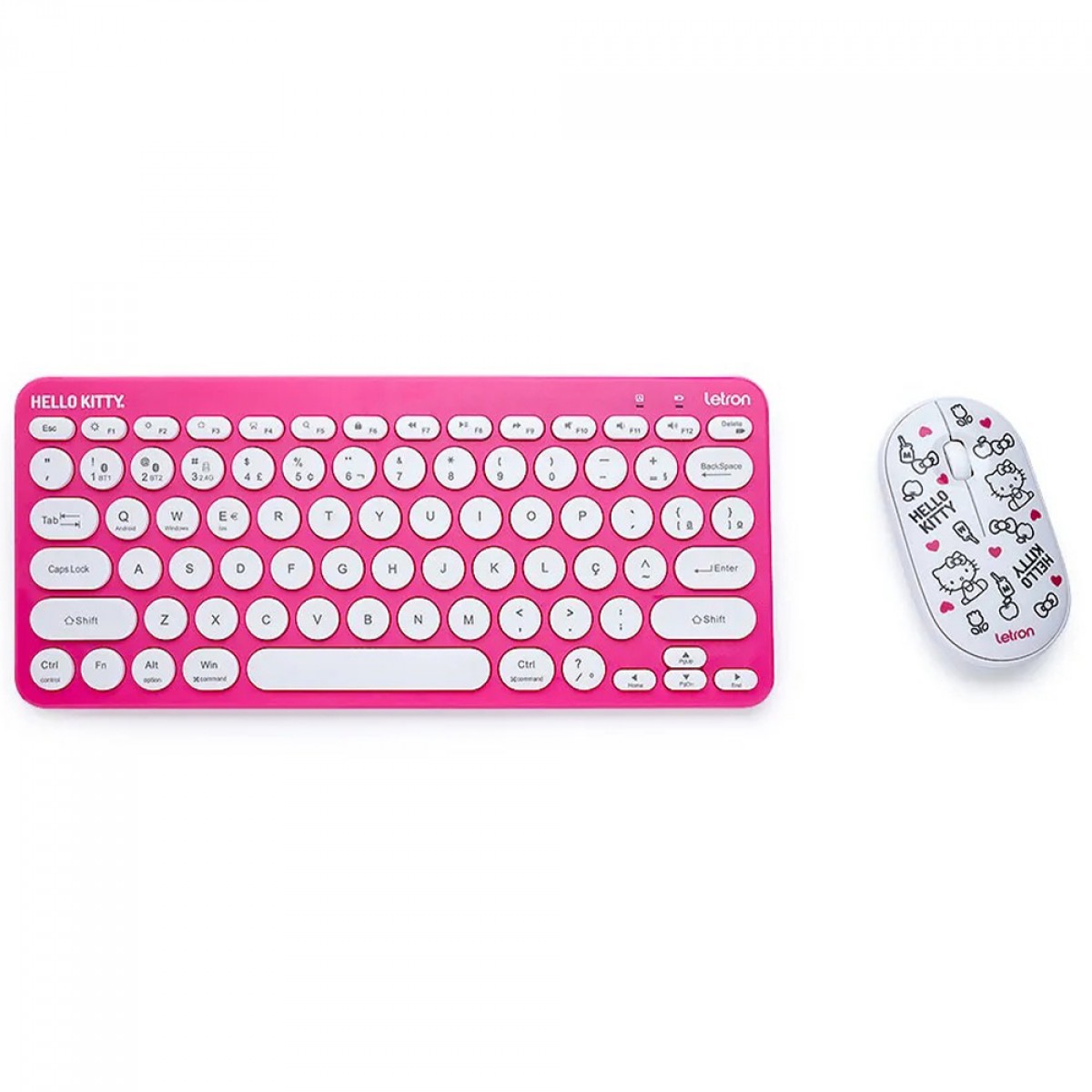 Combo Teclado e Mouse Gamer Letron Hello Kitty, Wireless e Bluetooth, Rosa/Branco