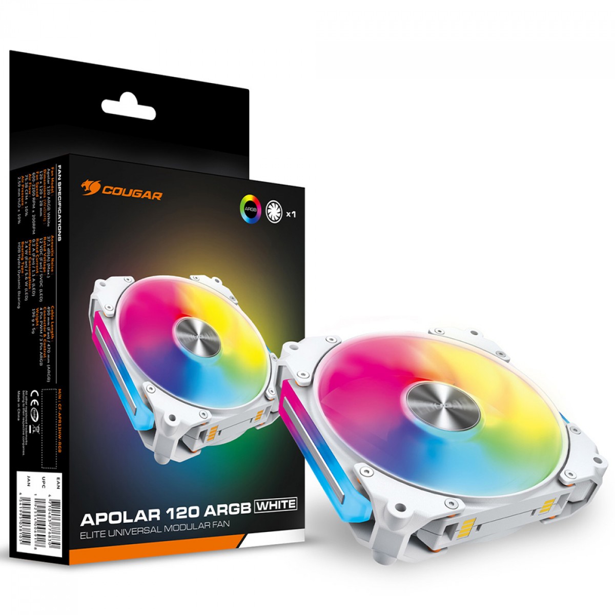 Cooler Para Gabinete Cougar Apolar White, 120mm, ARGB, PWM, Branco, 3MAPR12A1.0002