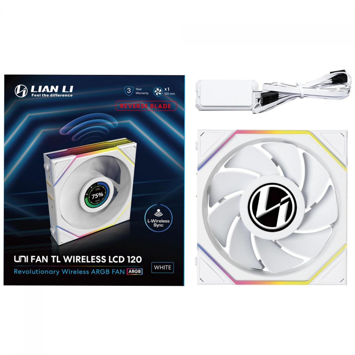 Cooler Para Gabinete Lian Li Uni Fan TL Wireless LCD, Reverse Blade, ARGB, 120mm, Com Tela, White, 12RTLLCD1W1W