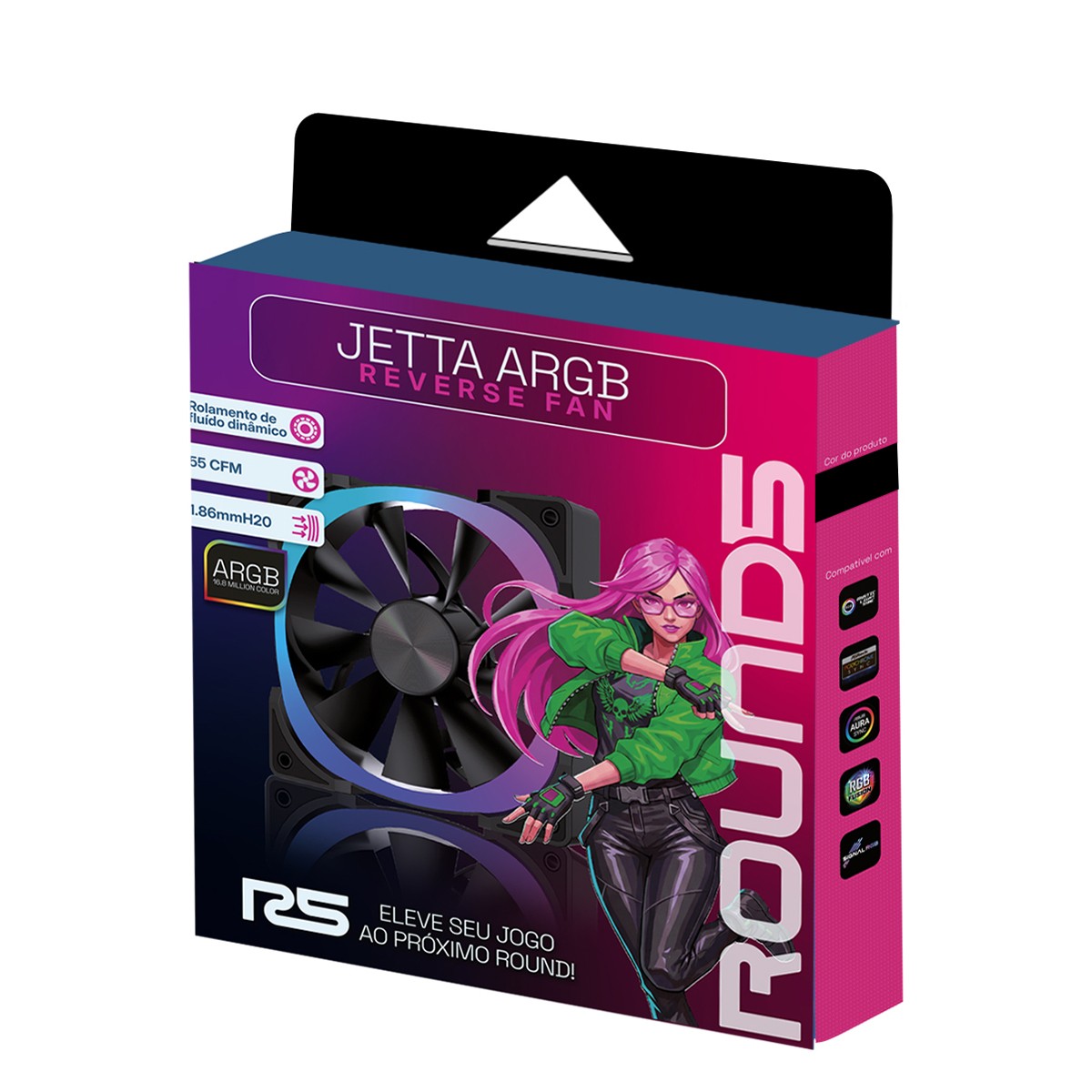 Cooler Para Gabinete Round5 Jetta Reverse Black, 120mm, PWM, ARGB, Preto, R5-JETTA-RV-B-2293