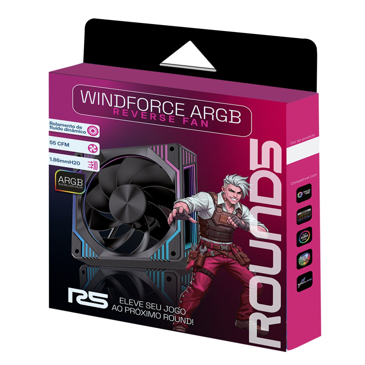 Cooler Para Gabinete Round5 Windforce Reverse Black, 120mm, PWM, ARGB, Preto, R5-WINDFORCE-RV-B-2291