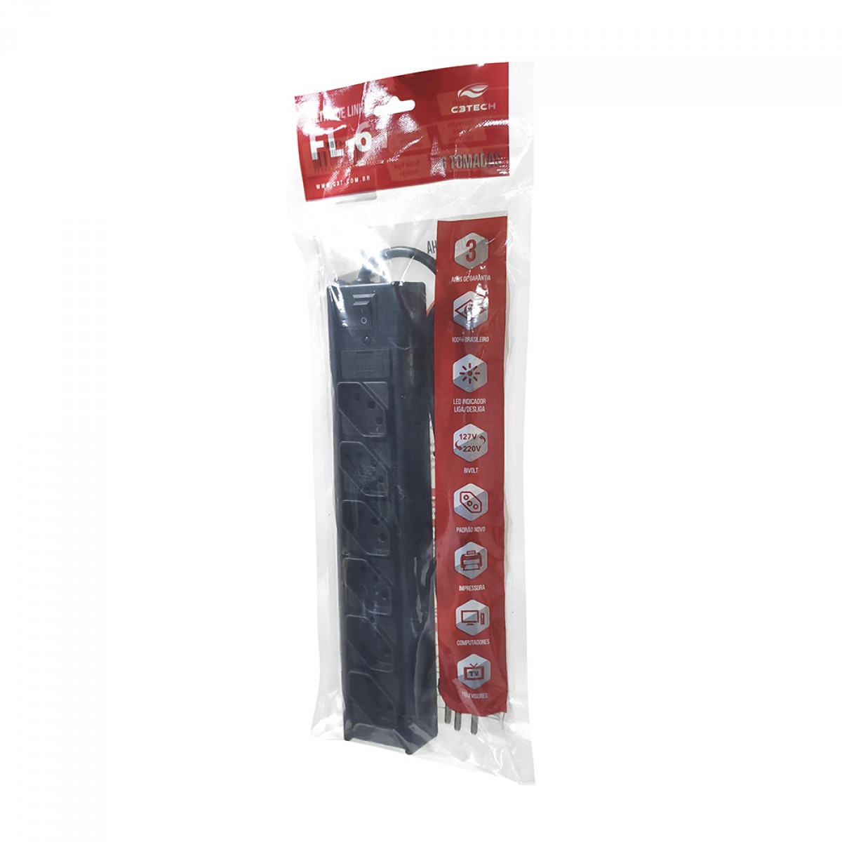 Filtro De Linha C3Tech FL-61BK 6 Tomadas, 1 M, Bivolt, Preto