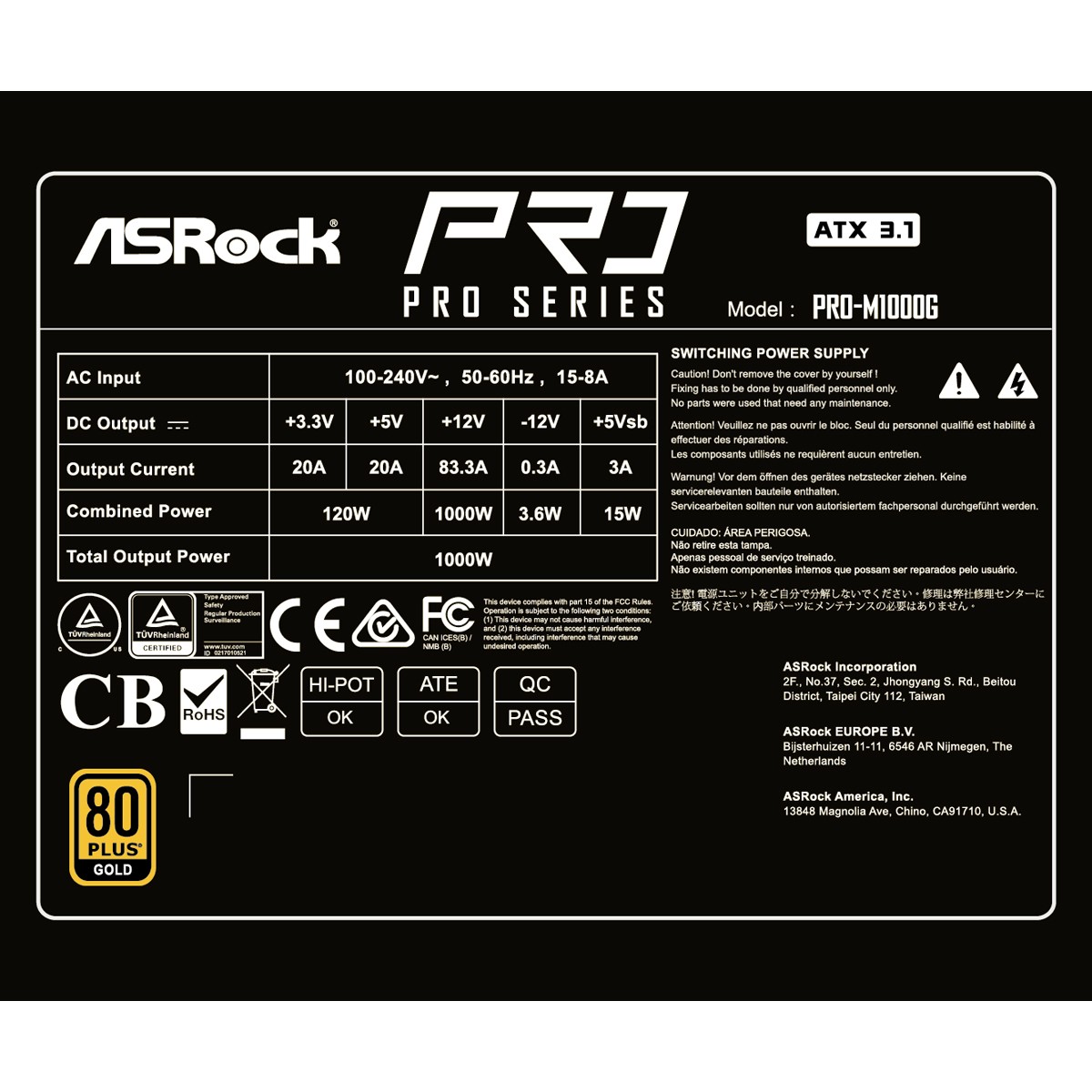 Fonte ASRock PRO Series, 1000W, 80 Plus Gold, Cybenetics Gold, Full Modular, ATX 3.1, PCIe 5.1, Preto, PRO-M1000G