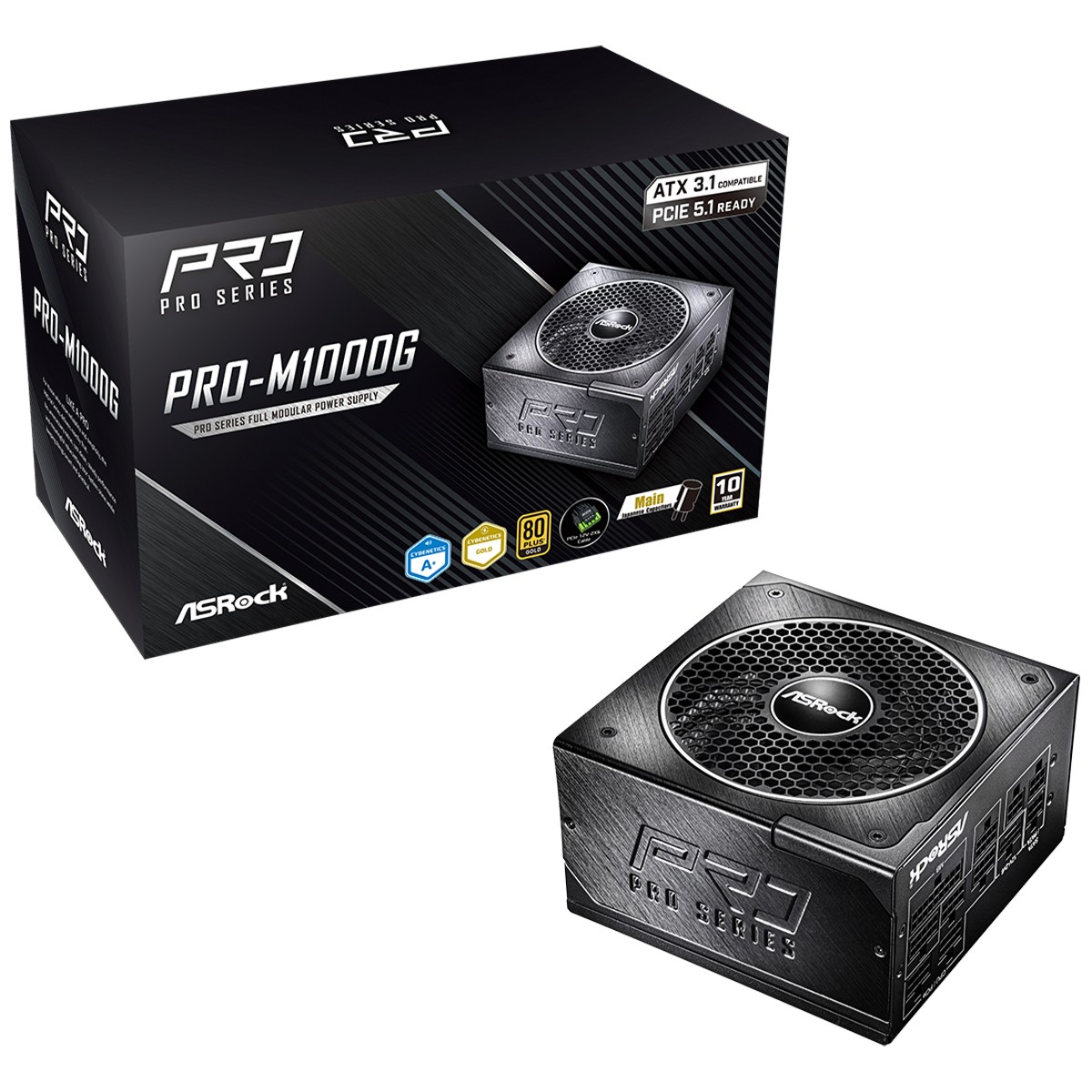 Fonte ASRock PRO Series, 1000W, 80 Plus Gold, Cybenetics Gold, Full Modular, ATX 3.1, PCIe 5.1, Preto, PRO-M1000G