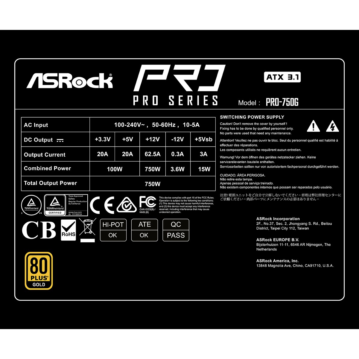 Fonte ASRock PRO Series, 750W, 80 Plus Gold, ATX 3.1, PCIe 5.1, Preto, PRO-750G