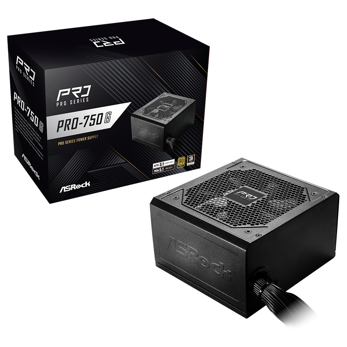 Fonte ASRock PRO Series, 750W, 80 Plus Gold, ATX 3.1, PCIe 5.1, Preto, PRO-750G