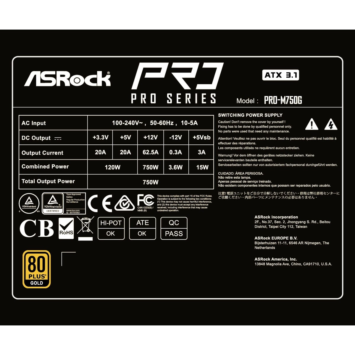 Fonte ASRock PRO Series, 750W, 80 Plus Gold, Cybenetics Gold, Full Modular, ATX 3.1, PCIe 5.1, Preto, PRO-M750G