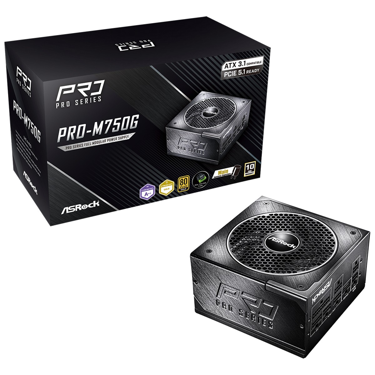 Fonte ASRock PRO Series, 750W, 80 Plus Gold, Cybenetics Gold, Full Modular, ATX 3.1, PCIe 5.1, Preto, PRO-M750G