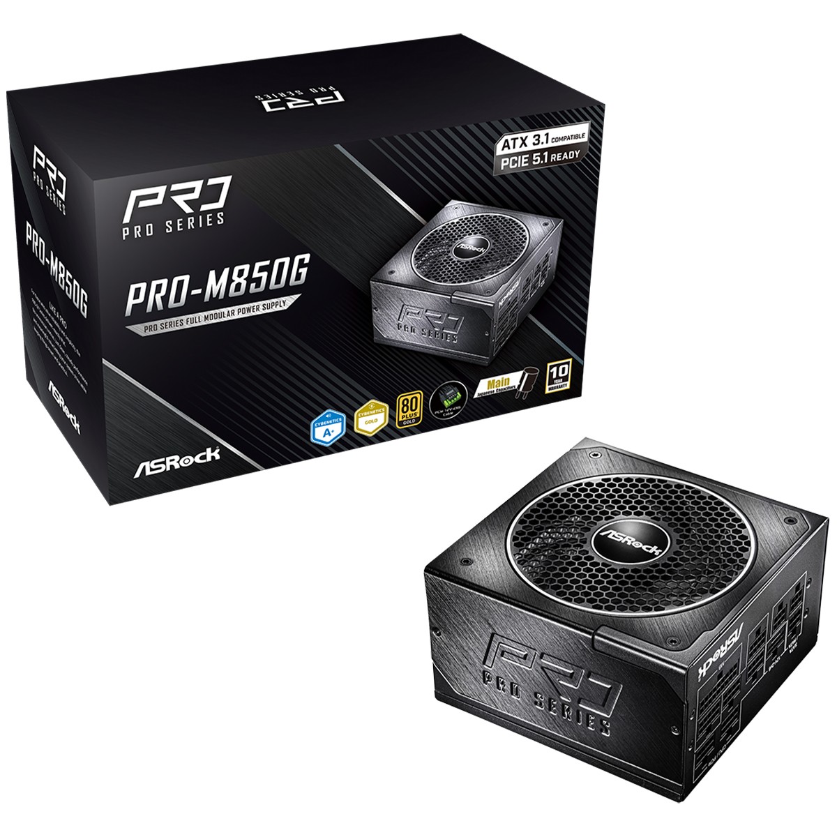 Fonte ASRock PRO Series, 850W, 80 Plus Gold, Cybenetics Gold, Full Modular, ATX 3.1, PCIe 5.1, Preto, PRO-M850G