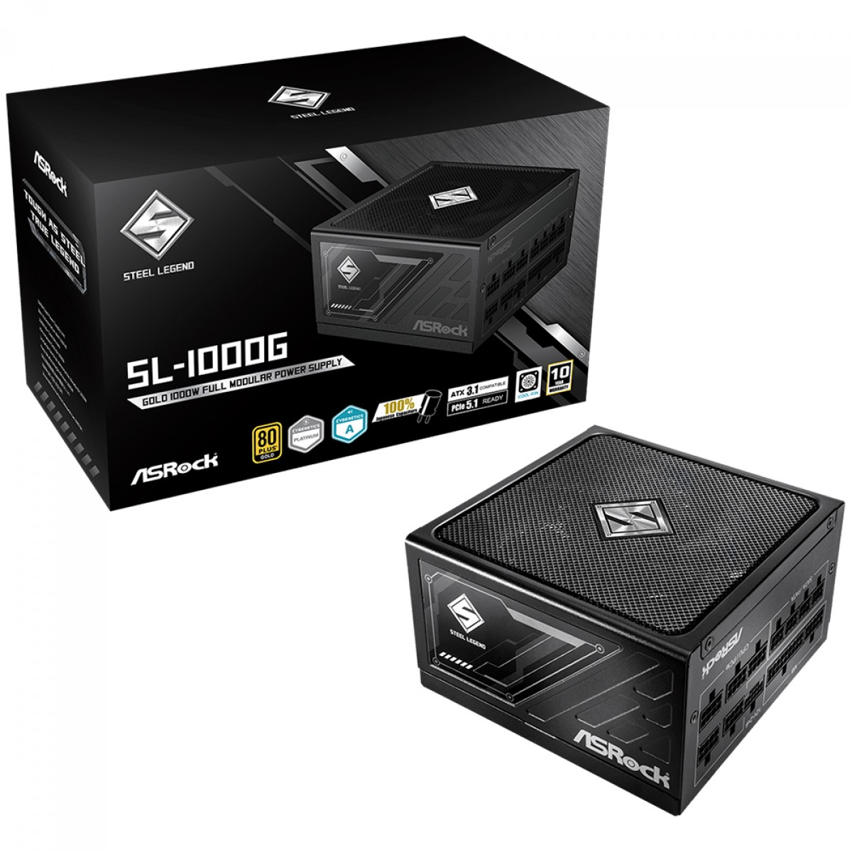 Fonte ASRock Steel Legend, 1000W, 80 Plus Gold, Cybenetics Platinum, Full Modular, ATX 3.1, PCIe 5.1, Preto, SL-1000G