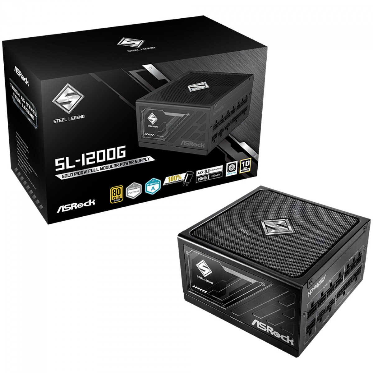 Fonte ASRock Steel Legend, 1200W, 80 Plus Gold, Cybenetics Platinum, Full Modular, ATX 3.1, PCIe 5.1, Preto, SL-1200G