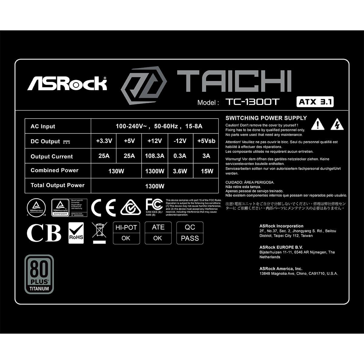 Fonte ASRock Taichi, 1300W, 80 Plus Titanium, Cybenetics Titanium, Full Modular, ATX 3.1, PCIe 5.1, Preto, TC-1300T