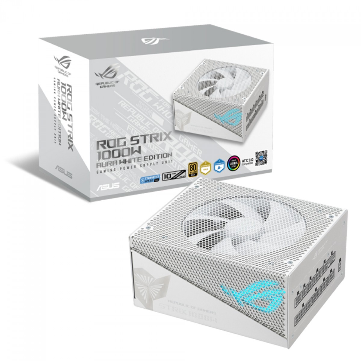 Fonte Asus ROG Strix Gold Aura White Edition, 1000W, 80 Plus Gold, PFC Ativo, ARGB, Full Modular, Branco, 90YE00P5-B0BA00