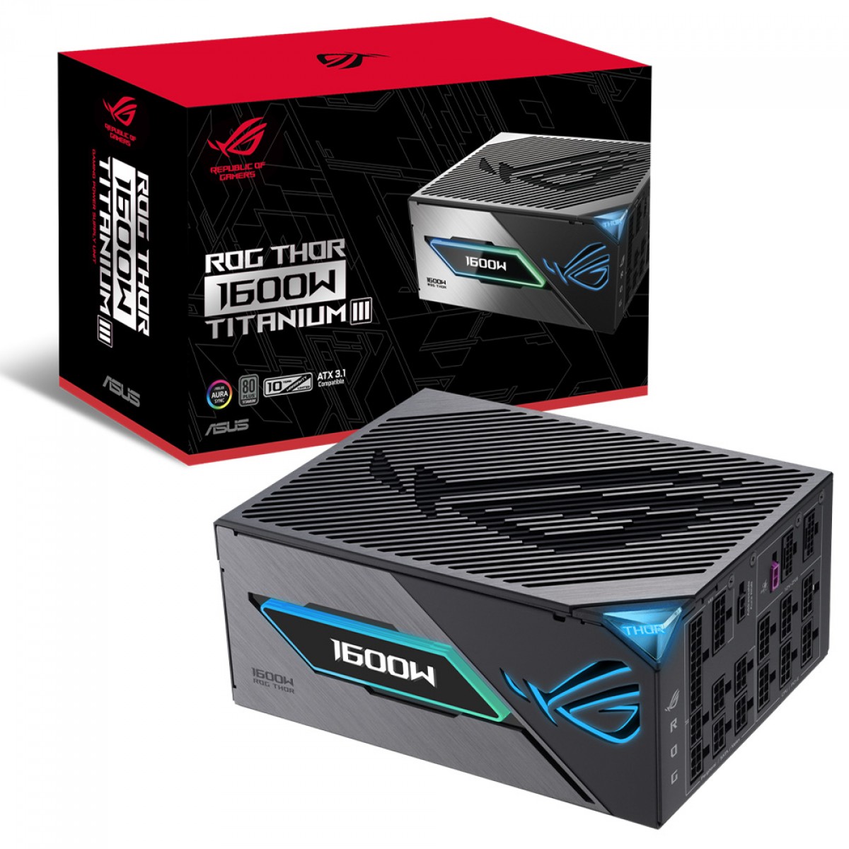 Fonte Asus ROG Thor 1600W Titanium III, 1600W, 80 Plus Titanium, ARGB, Painel OLED, PFC Ativo, Full Modular, 90YE00V1-B0SA00