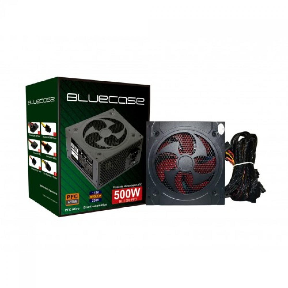 Fonte BlueCase 500W BLU500PFC,  PFC ATIVO, BOX C/CABO