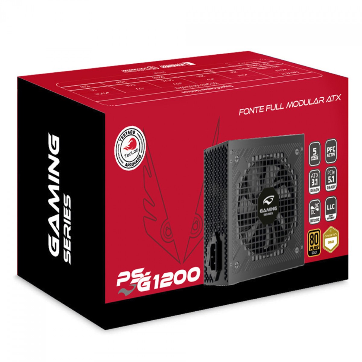 Fonte C3Tech PS-G1200 Gaming Series, 1200W, 80 Plus Gold, Cybenetics Gold, TecLab, PFC Ativo, Full Modular, ATX 3.1