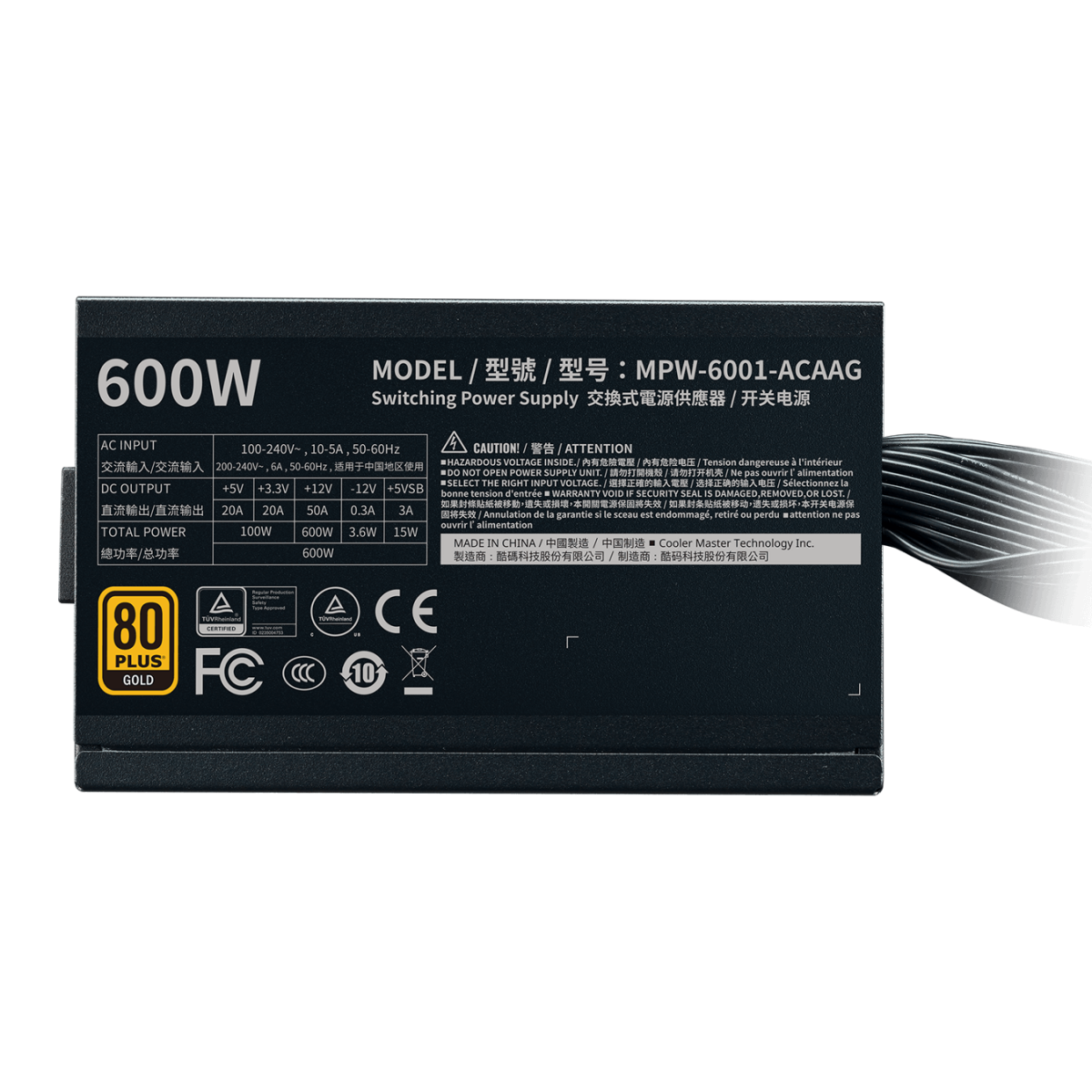 Fonte Cooler Master G600 600W, 80 Plus Gold, PFC Ativo, MPW-6001-ACAAG-BR